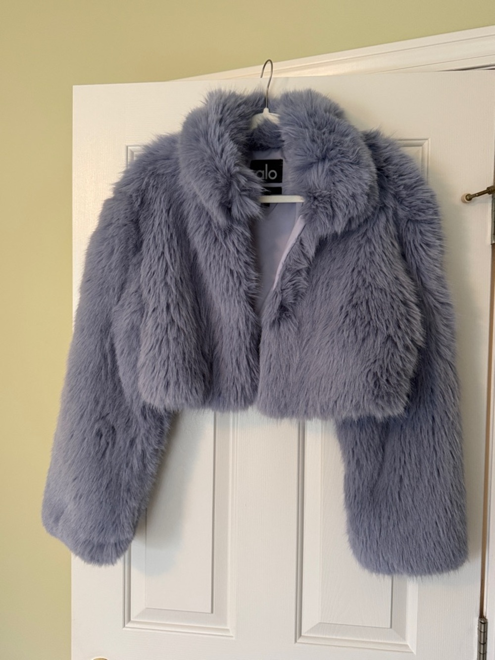 Alo Cropped Faux Fur Jacket and Headband in Dusty Blue-Gray